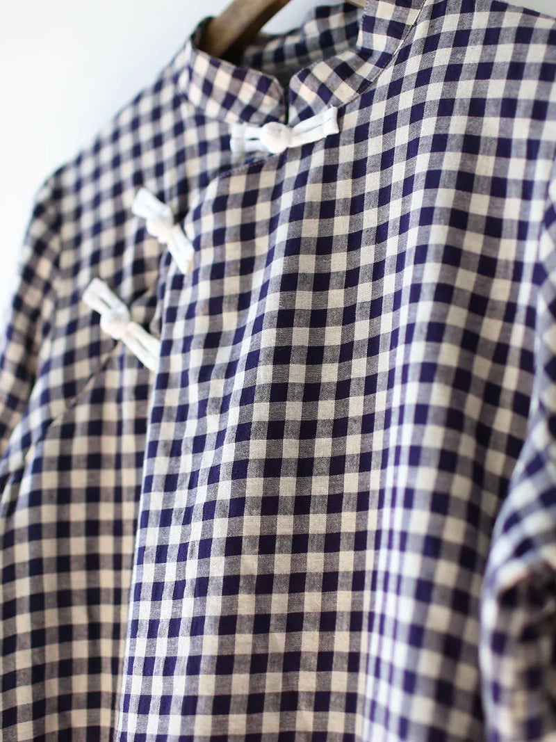 Chinese Style Winter Frog Thick Plaid Robe Dress