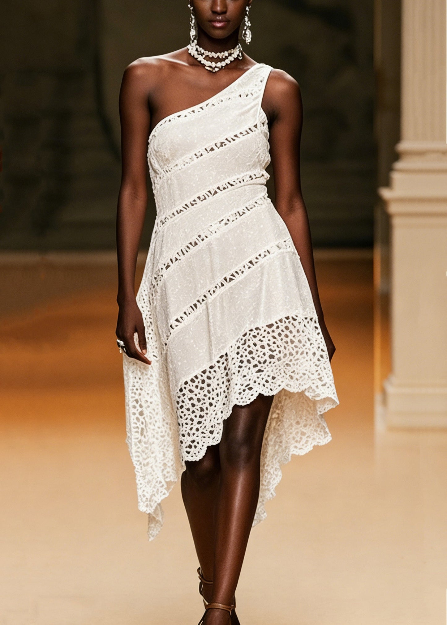 White One Shoulder Hollow Out Cotton Long Dresses Sleeveless