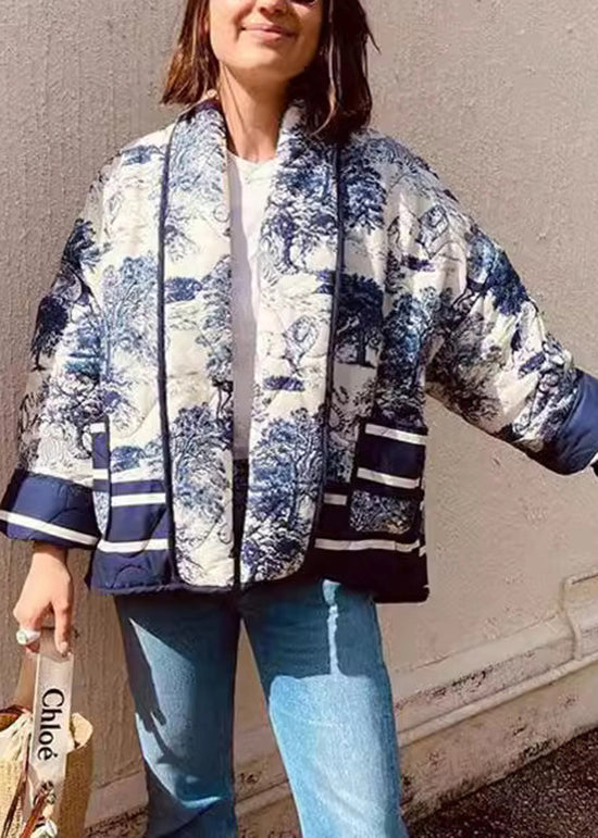 Handmade Navy Pockets Print Fine Cotton Filled Coat Fall