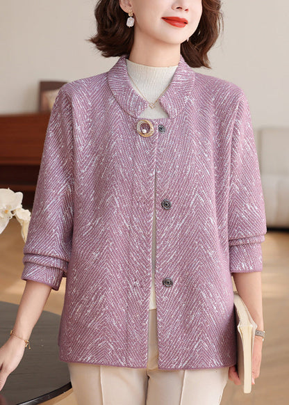 New Purple O-neck Patchwork Knit Cardigan Fall