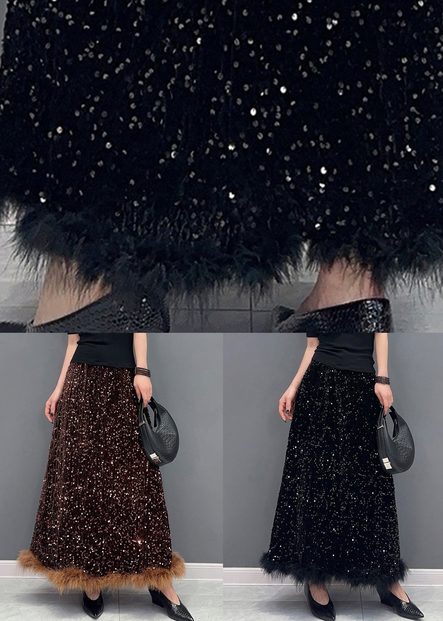 French Coffee Sequins Patchwork Silk Velvet Skirts Spring