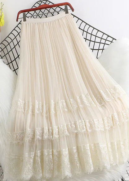 Brown High Waist Tulle Maxi Skirts Woman Mesh Lace Patchwork