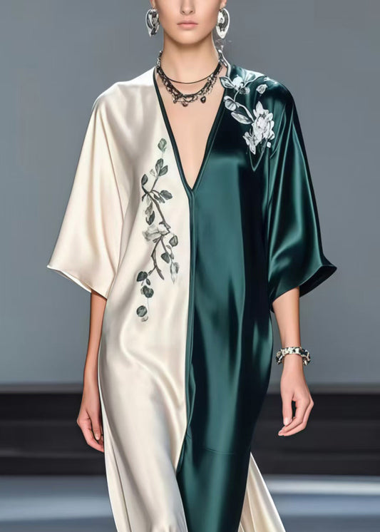 Boutique Colorblock V Neck Patchwork Silk Long Dresses Half Sleeve
