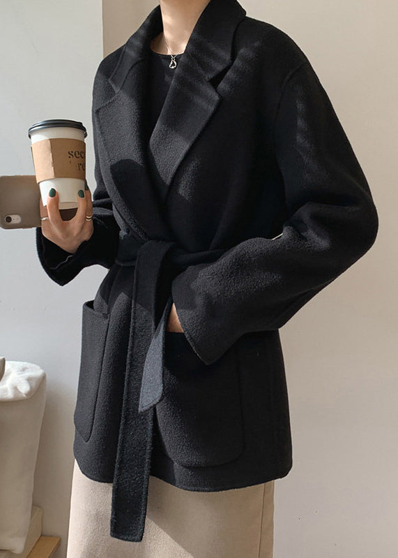 Diy Black Notched Tie Waist Woolen Coats Fall