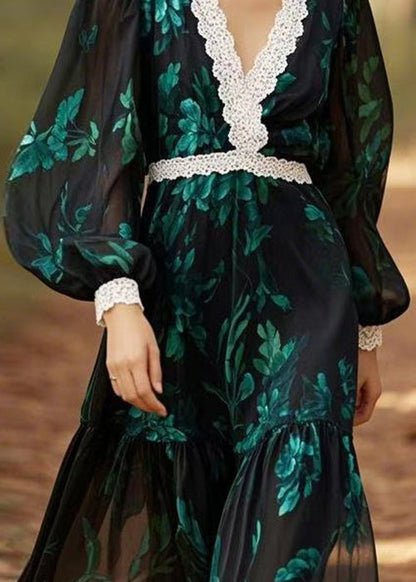 Unique V Neck Print Lace Patchwork Chiffon Dresses Spring