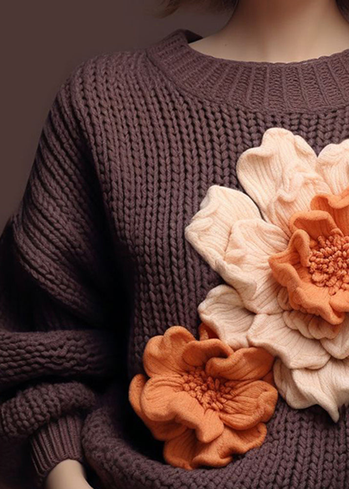 Brown O Neck Cotton Knit Sweaters Fall