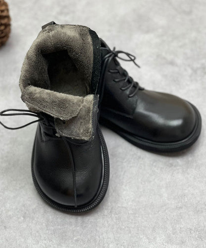 Coffee Boots Cowhide Leather Warm Fleece Lace Up Boots
