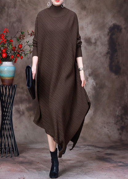 Loose Coffee Turtleneck Asymmetrical Knit Dresses Long Sleeve