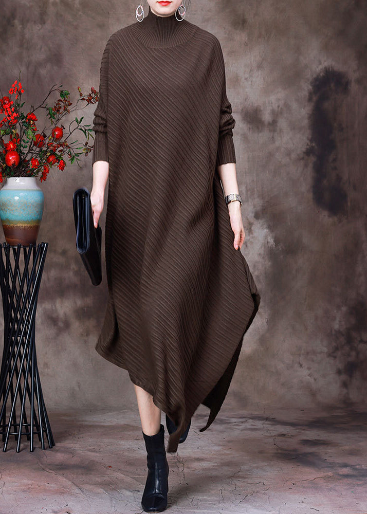 Loose Coffee Turtleneck Asymmetrical Knit Dresses Long Sleeve