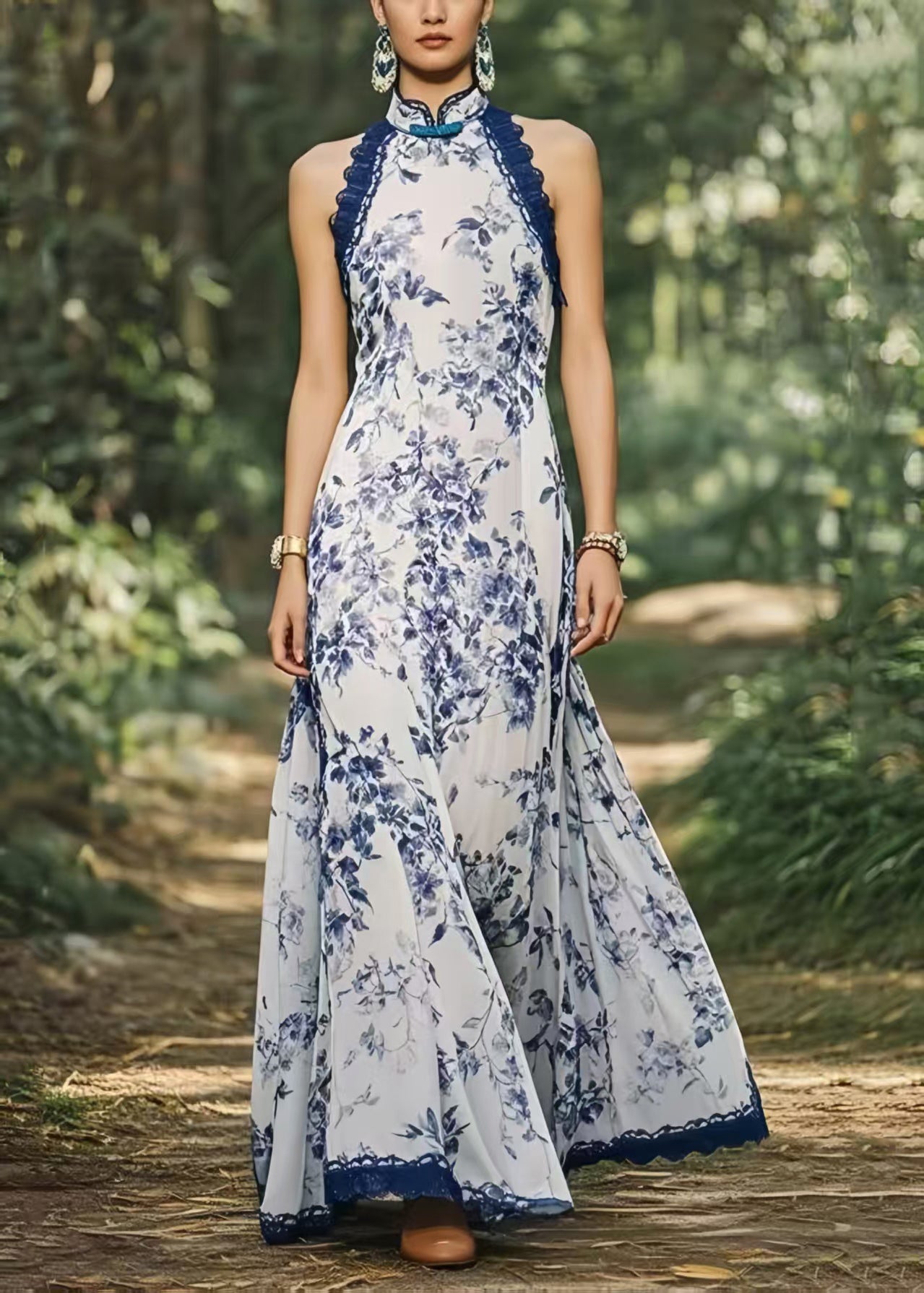 New Retro Cold Shoulder Print Chiffon Party Dress Summer