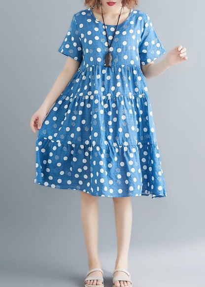 O Neck Cinched Cotton Linen Blue Print Dresses Summer