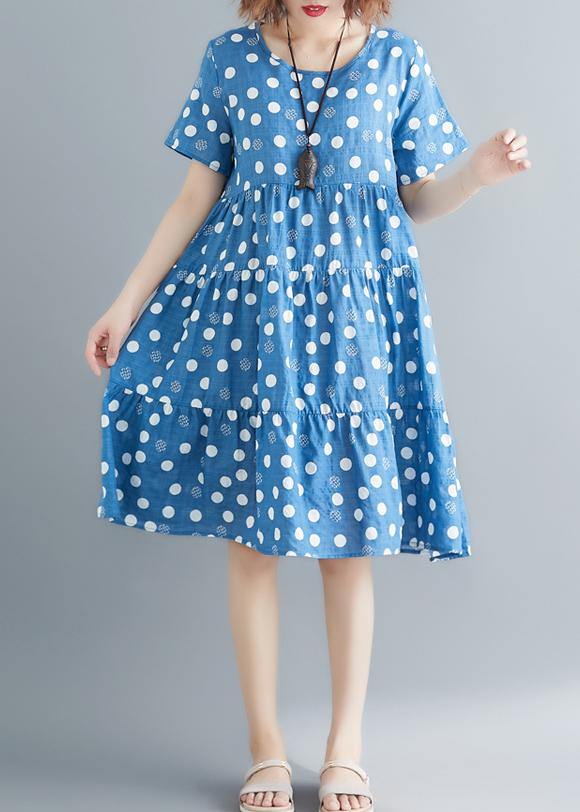 O Neck Cinched Cotton Linen Blue Print Dresses Summer