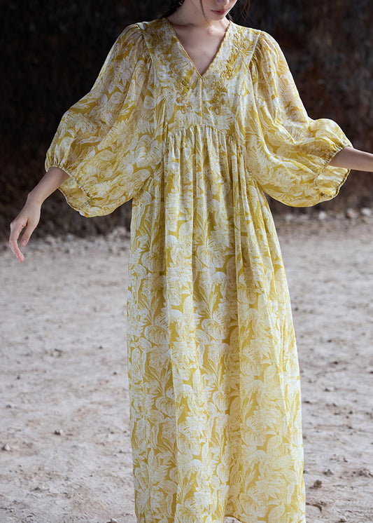 Yellow V Neck Embroidered Linen Dresses Batwing Sleeve