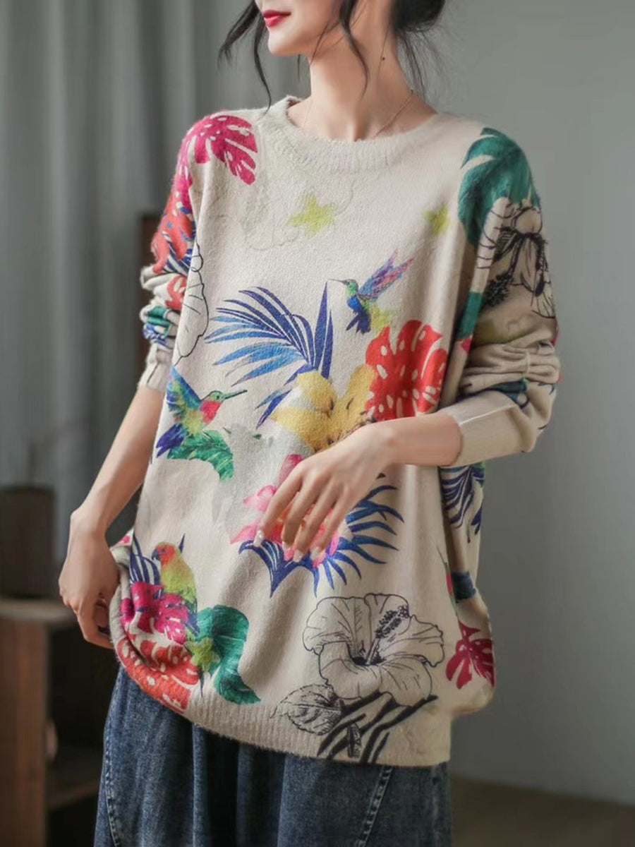 Long Sleeve Print Loose Sweater
