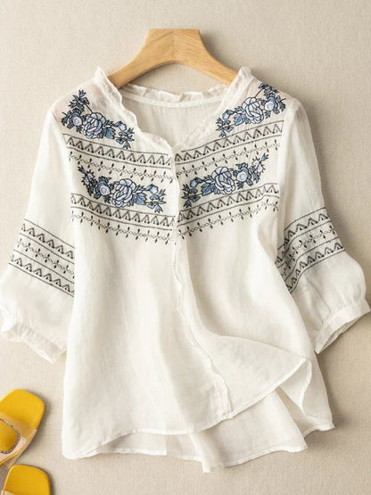 Embroidered Crew Neck 3/4 Sleeve Linen Top