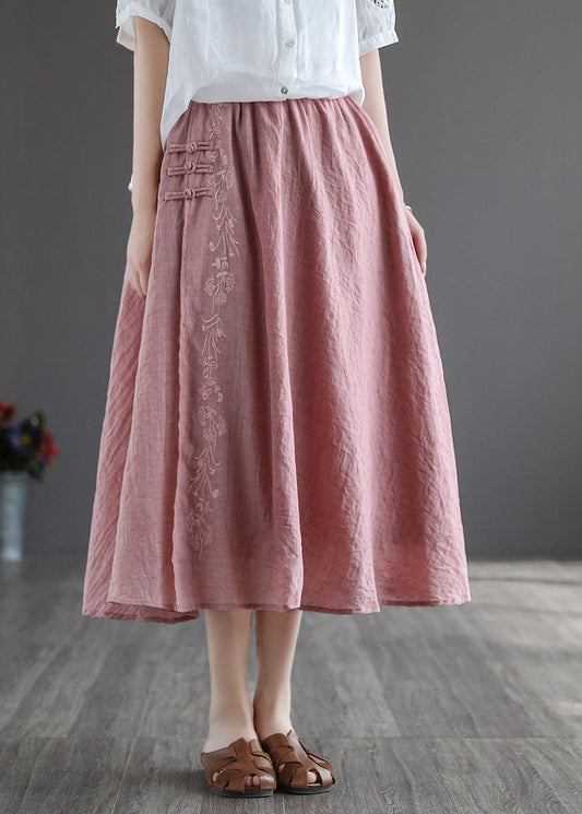 Pink Embroideried Chinese Button Linen Skirts Spring