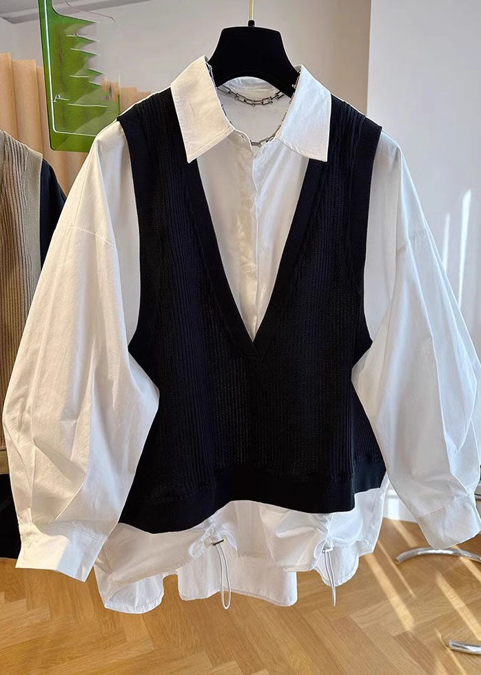 Khaki Peter Pan Collar Patchwork Button Fake Two Pieces Shirts Fall