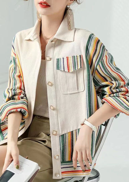 Beige Peter Pan Collar Pockets Striped Patchwork Cotton Coat Fall