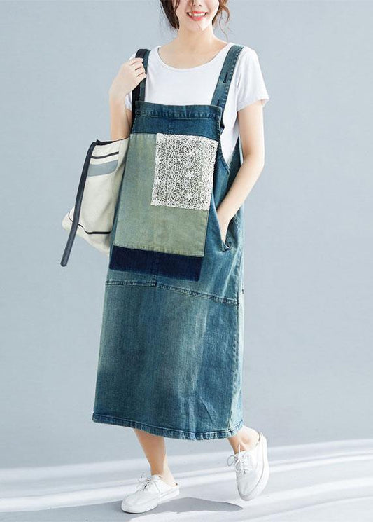 French Denim Blue Cotton Quilting Dresses Sleeveless Cotton Robes Summer Dress