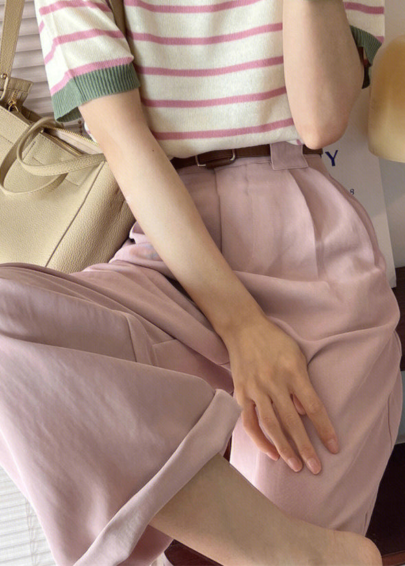 Pink High Waist Patchwork Cotton Crop Pants Fall