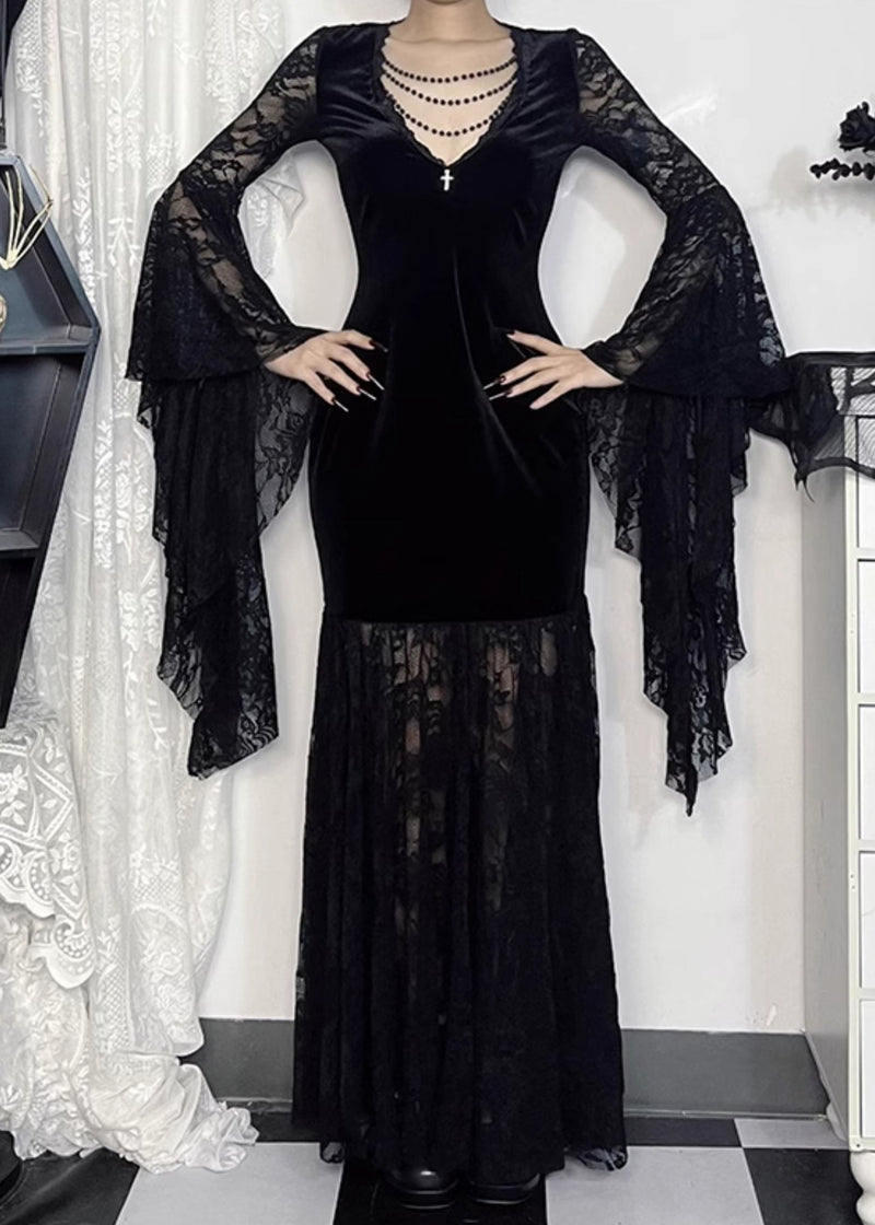 Black V Neck Lace Patchwork Silk Velvet Long Dresses Flare Sleeve