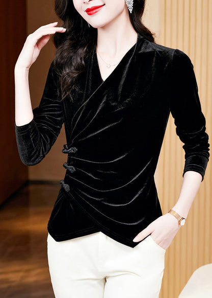 Black Wrinkled Button Silk Velour Tops Long Sleeve