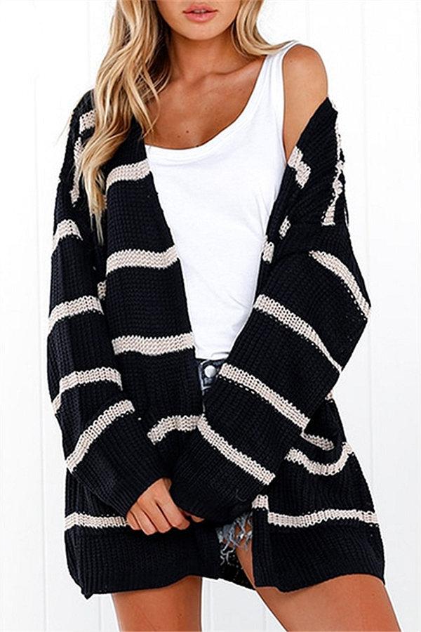 V Neck Striped Pocket Cardigan