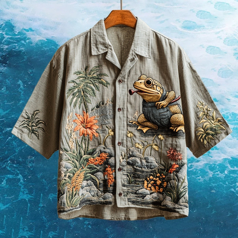 Men's Embroidered Funny Frog Hawaiian Shirt elevenforest