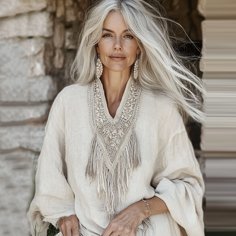 Vintage Fringe Art Cotton Linen Long Sleeve Shirt elevenforest