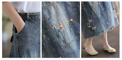 Denim Shredded Embroidered A-line Skirt