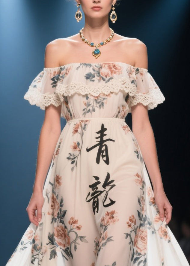 White Print Exra Large Hem Chiffon Strapless Dress Summer