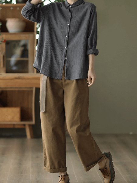 100% Natural Fabric Striped Long-sleeve Loose Shirt