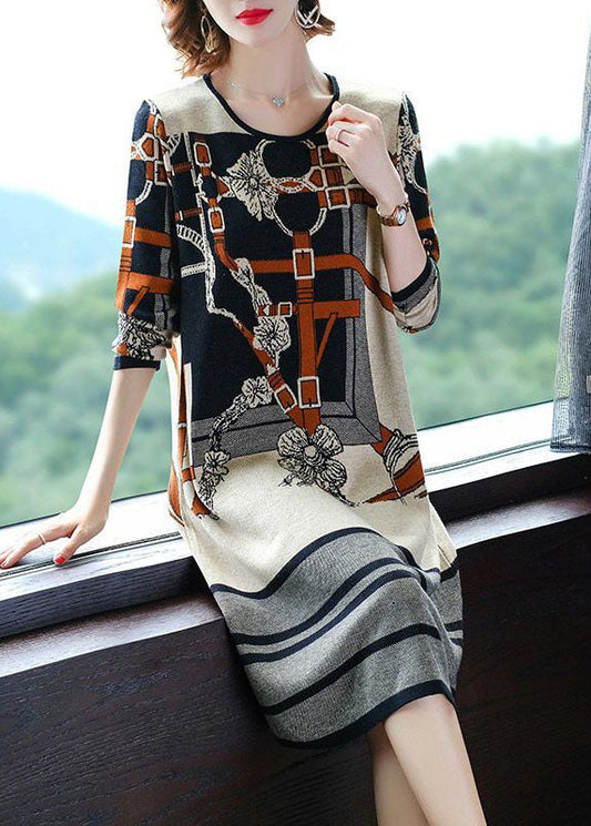 Modern Beige O-neck Print Knit Sweater Dress Long Sleeve