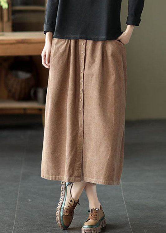 Khaki Elastic Waist Button Pockets Corduroy Skirts Spring