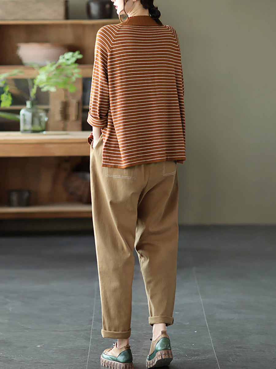 - Stripes Turtleneck Knitted Long Sleeve Sweater