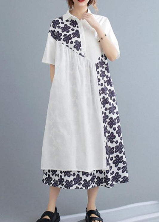 White Patchwork Print Asymmetrical Design Maxi Summer Chiffon Dress