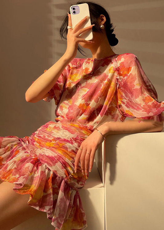 Red Wrinkled Print Chiffon Tops and Wraped Skirts Sets Two Pieces Summer