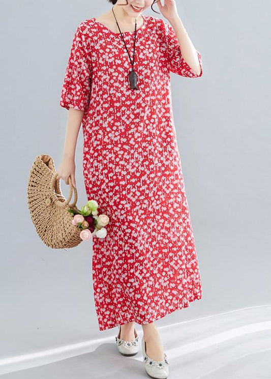 O Neck Pockets Linen Cotton Clothes Tutorials Red Print Dresses Summer