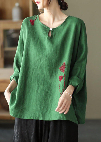 Green Loose Embroideried Fall Cotton Blend Shirt Tops Long Sleeve