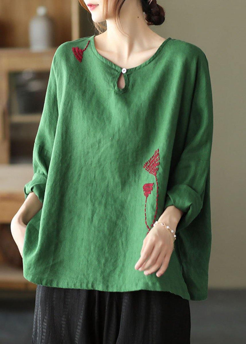 Green Loose Embroideried Fall Cotton Blend Shirt Tops Long Sleeve