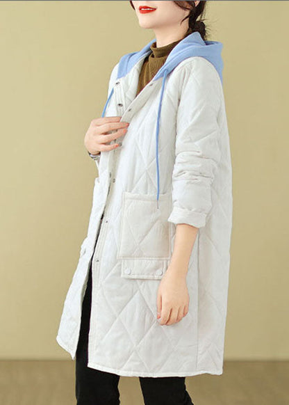White Pockets Fine Cotton Filled Hoodie Coat Winter