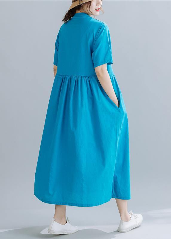French Chinese Button Linen Summerwardrobes Wardrobes Blue Sttand Collar Dress