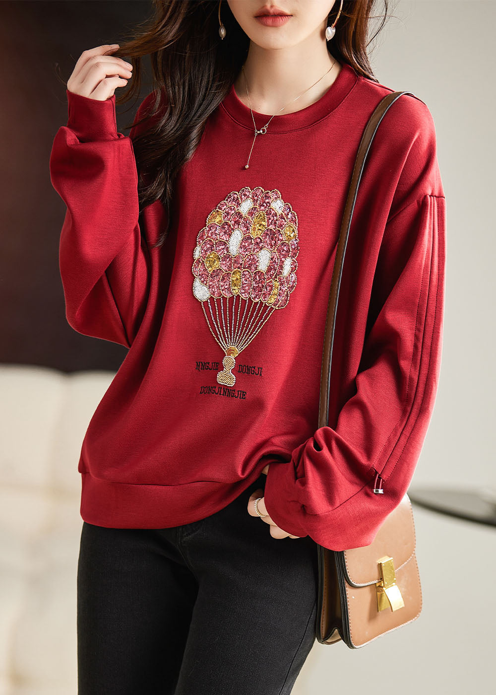 French Red O-neck Nail Bead Cozy Sweatshirt Fall
