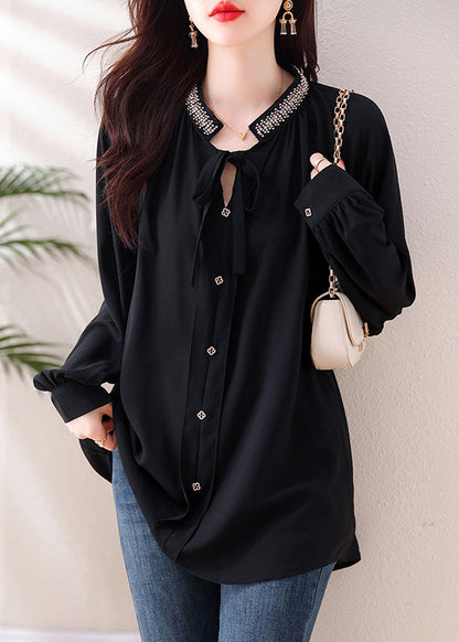 Modern Black Stand Collar Button Chiffon Shirt Long Sleeve