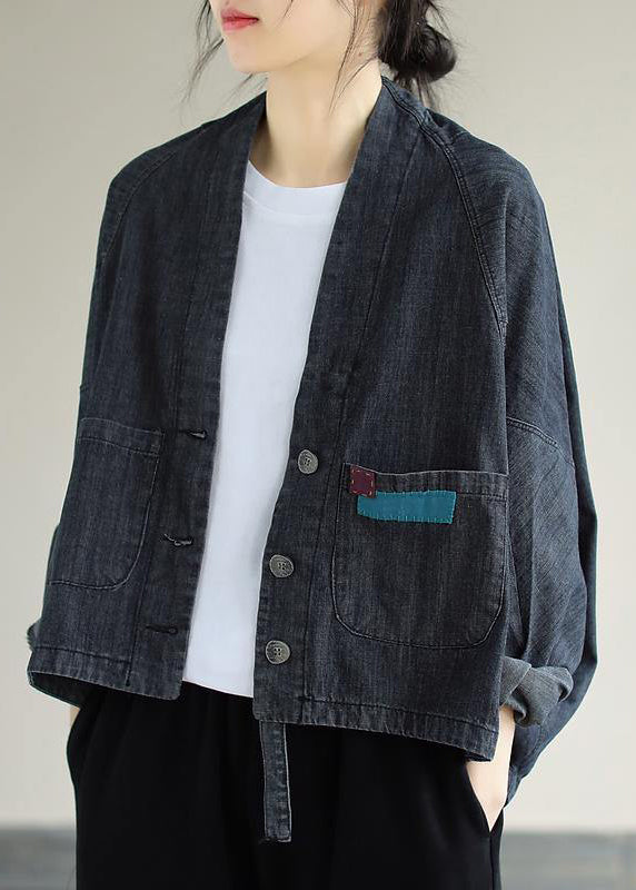 Denim Black Coats V Neck Button Down Spring Coats