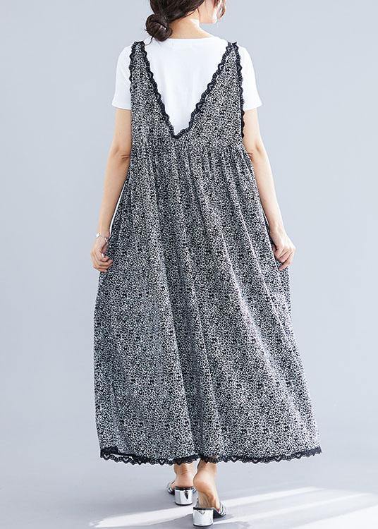 100% Black V Neck Chiffon Quilting Dresses Lace Ruffles Maxi Summer Dress