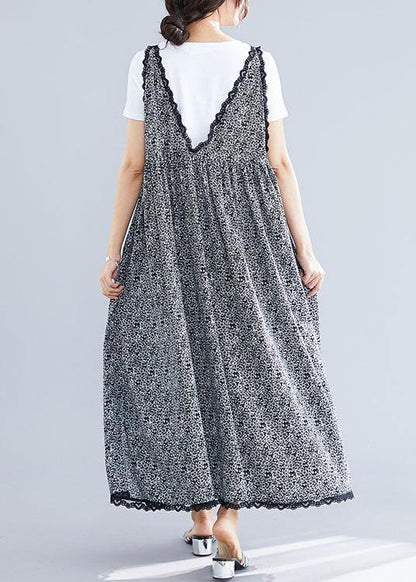 100% Black V Neck Chiffon Quilting Dresses Lace Ruffles Maxi Summer Dress