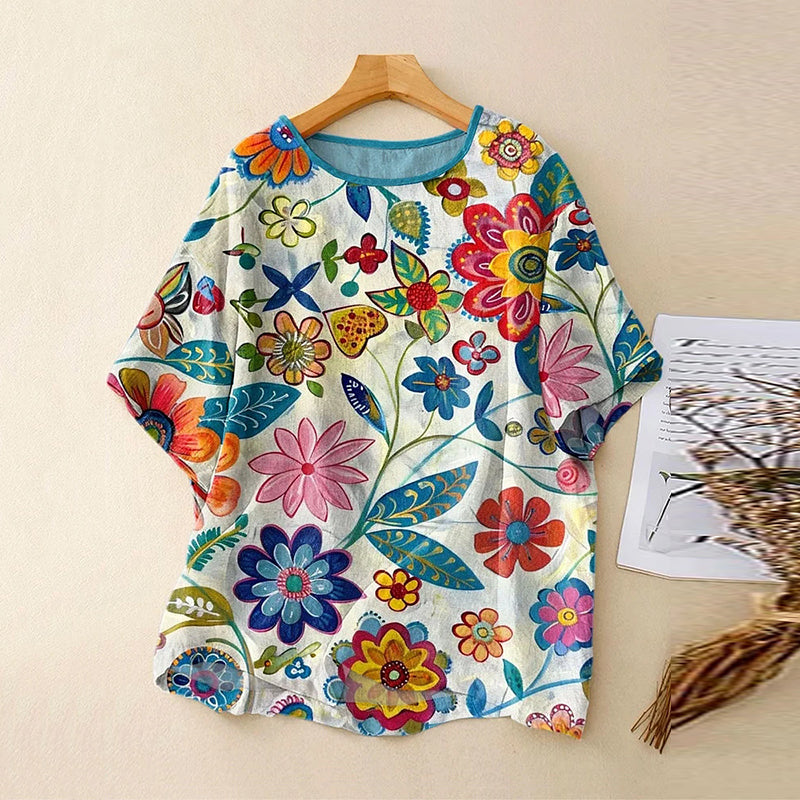 Women's Vintage Flower Art Print Lines T-shirt elevenforest