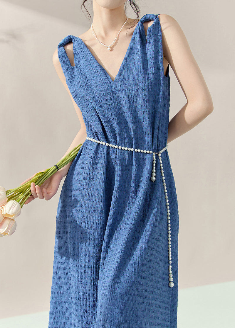 Brief Blue V Neck Long Dress Sleeveless