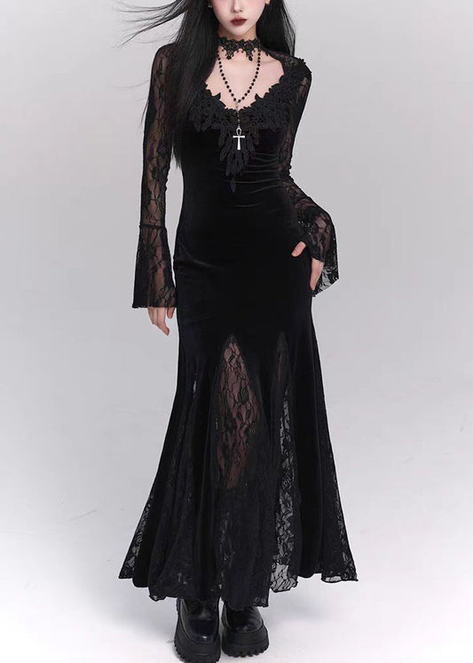 Black Hollow Out Lace Patchwork Silk Velvet Maxi Dresses Flare Sleeve